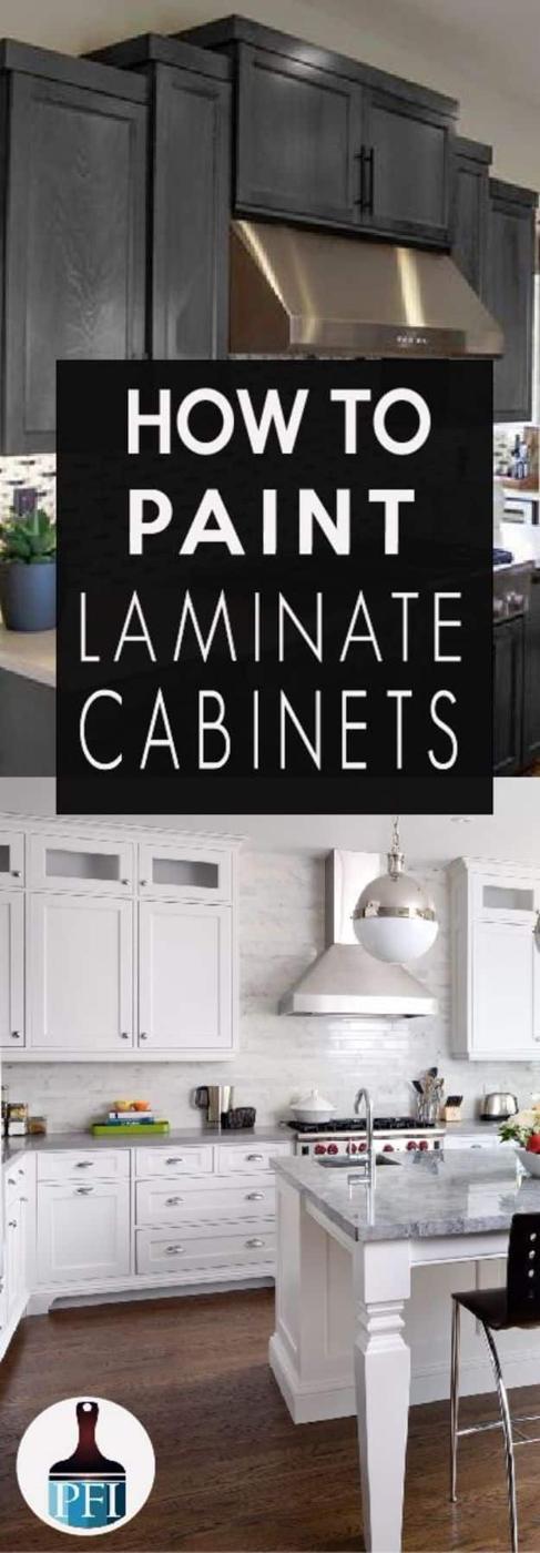 Painting hack graphic, dark gray laminate kitchen cabinets above and a bright white painted kitchen below