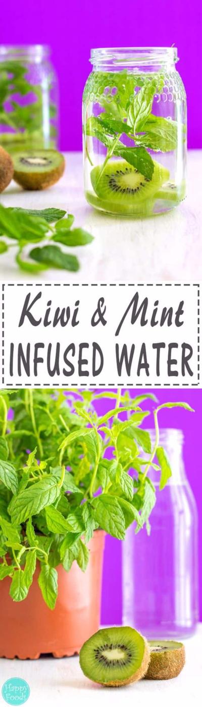 Kiwi and mint infused water collage, jars and bottles of pale green water with kiwi slices and mint on bright purple