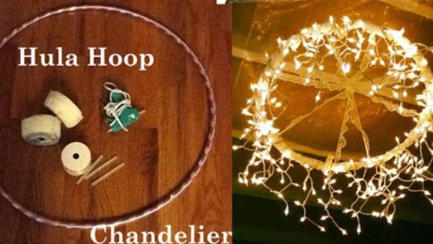 DIY hula hoop chandelier, a bare hoop and twine spools beside the finished ring of glowing fairy lights hung above