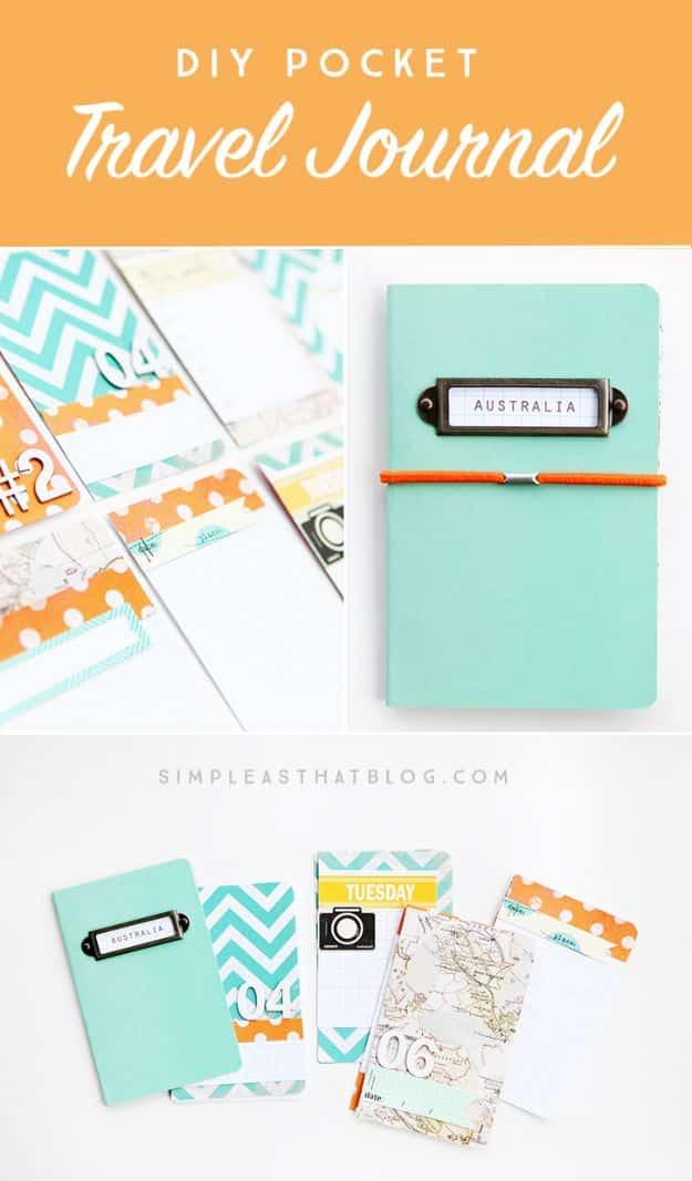 Collage pin graphic reading DIY Pocket Travel Journal, a mint notebook labelled Australia plus printable insert pages