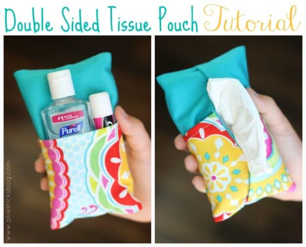 Two sided tissue pouch sewn to hold a tissue pack on one side and hand sanitizer on the other for flu season