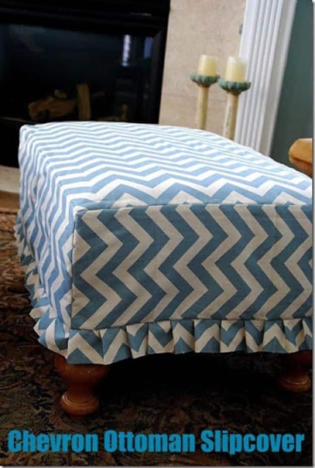 Chevron ottoman slipcover graphic showing an ottoman with a blue and white chevron pleated skirt by a fireplace