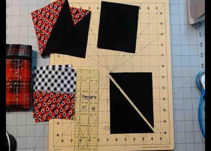 Making half-square triangles for the double monkey wrench quilt
