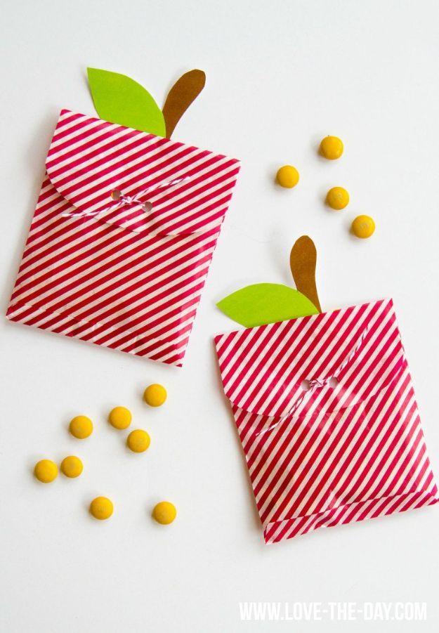 Apple craft tutorial with easy classroom project and creative seasonal tutorial, highlighting the finished apple treat bags