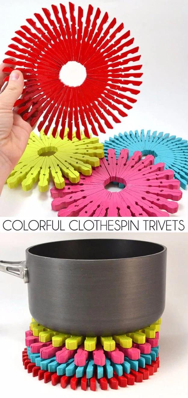 Colorful trivets made entirely from clothespins, a clever upcycled craft that looks nothing like its humble supplies