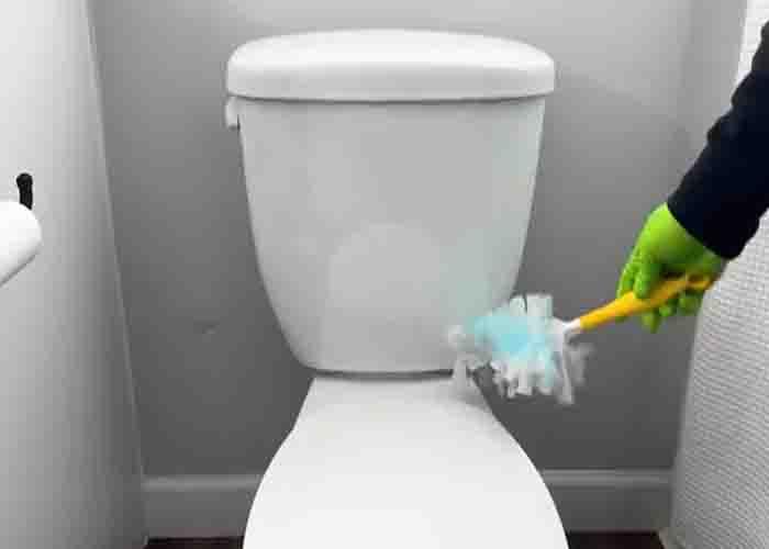 Dry dusting the toilet before cleaning