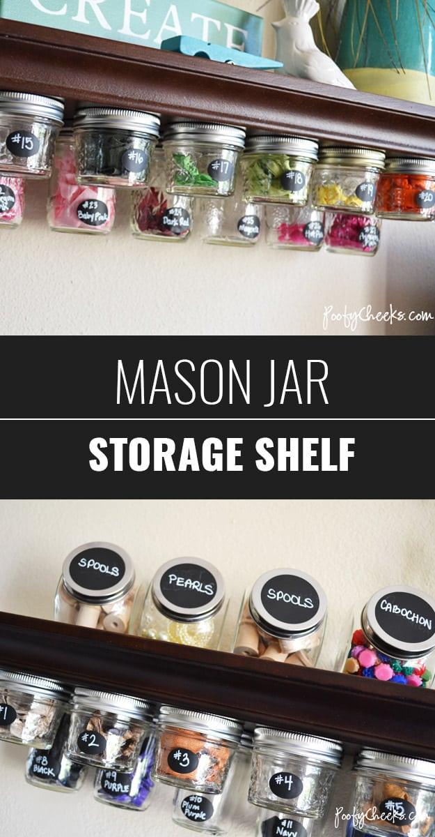 Mason jars hanging by their lids under a wall shelf, labeled with chalkboard stickers, in a two panel collage