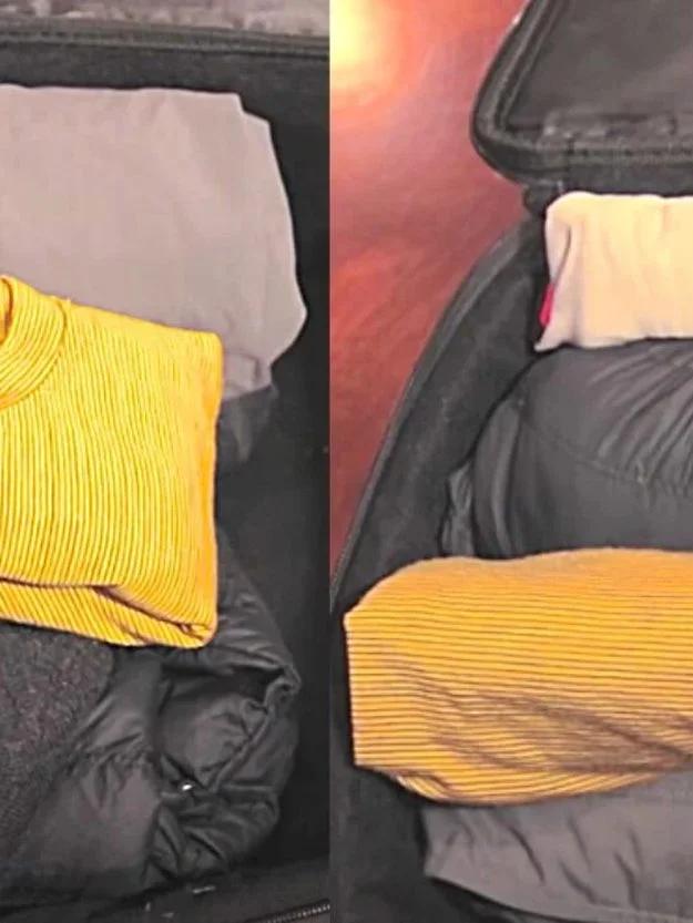Two photos of clothes folded flat and packed into a black suitcase alongside a yellow ribbed knit top