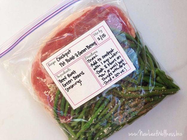 Crock pot roast with green beans and potatoes cooked in a slow cooker, an easy healthy freezer meal, healthy and easy