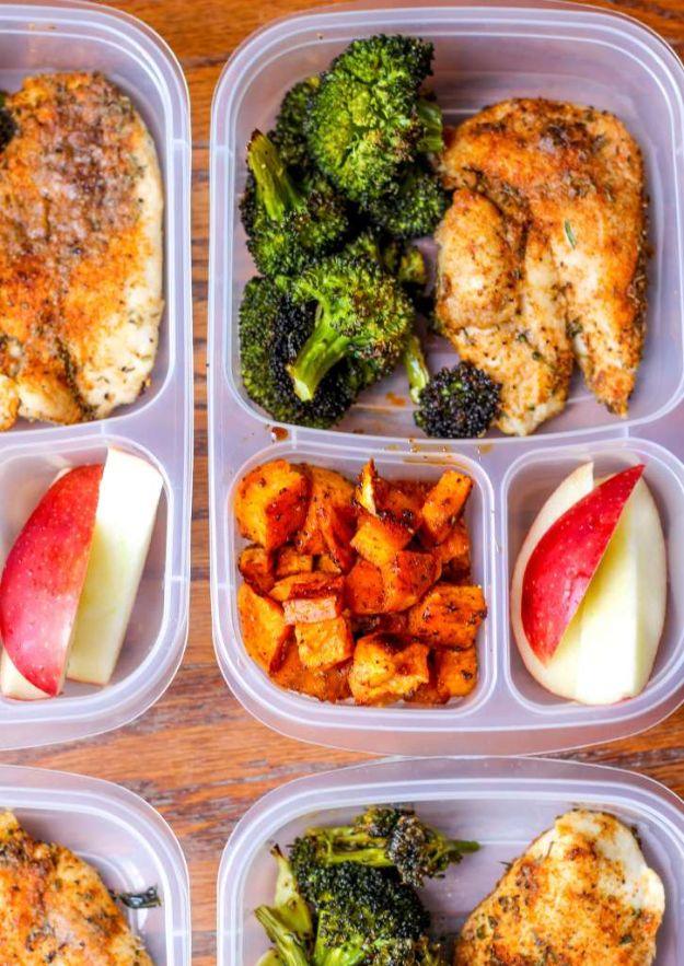 Meal Prep Ideas - Meal Prep Lunch Bowls With Spicy Chicken, Roasted Lemon Broccoli and Caramelized Sweet Potatoes - Recipes and Planning Tips for Making a Week of Meals - Easy, Hea