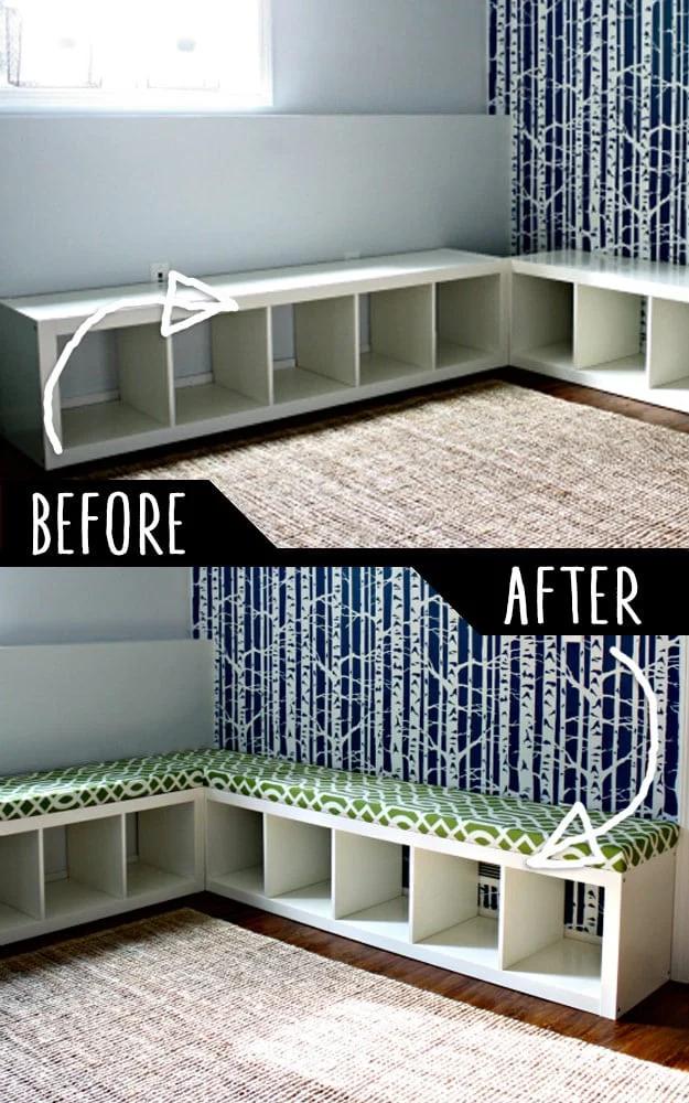 Before and after collage of two low white cube bookcases in an L shape above the same units topped with green cushions