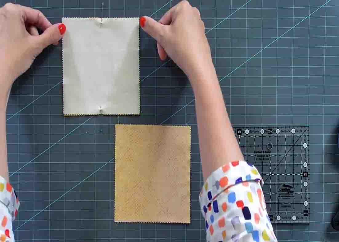 Pinning the printed and solid fabrics to make the shortbread quilt blocks