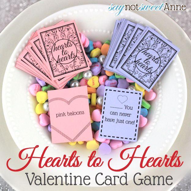 Hearts to Hearts printable Valentine card game with question and answer cards laid out across a table