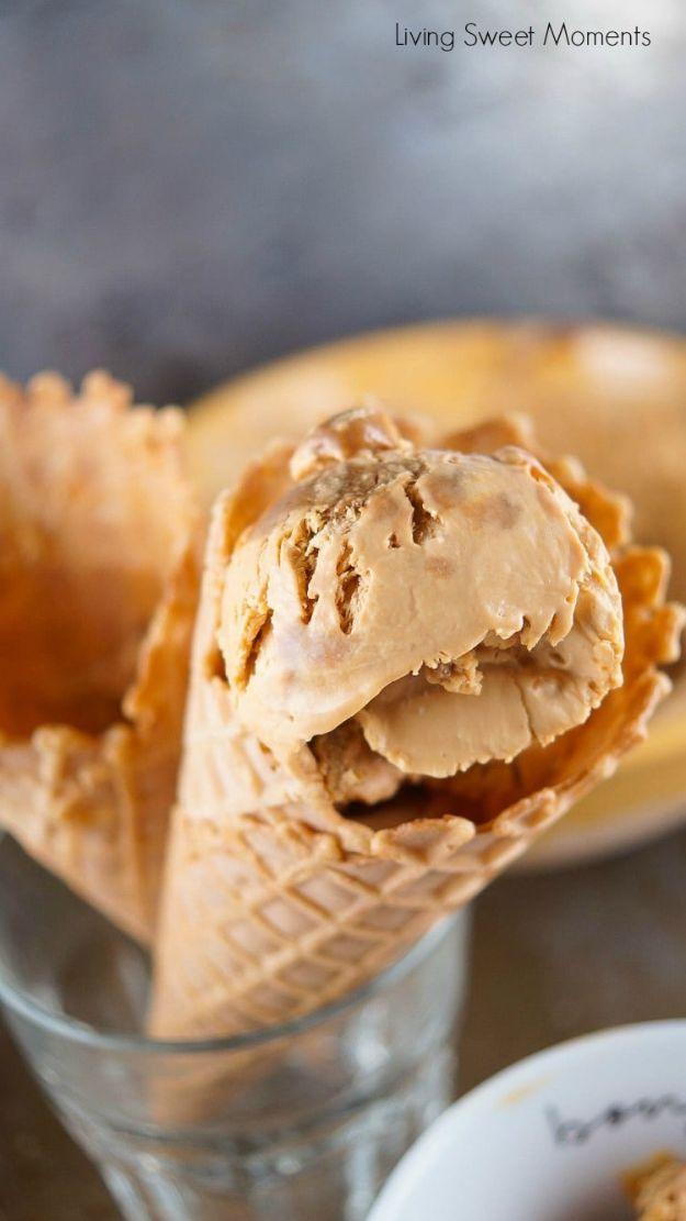 Two ingredient dulce de leche ice cream with caramel ribbons running through it in a loaf pan, no churn