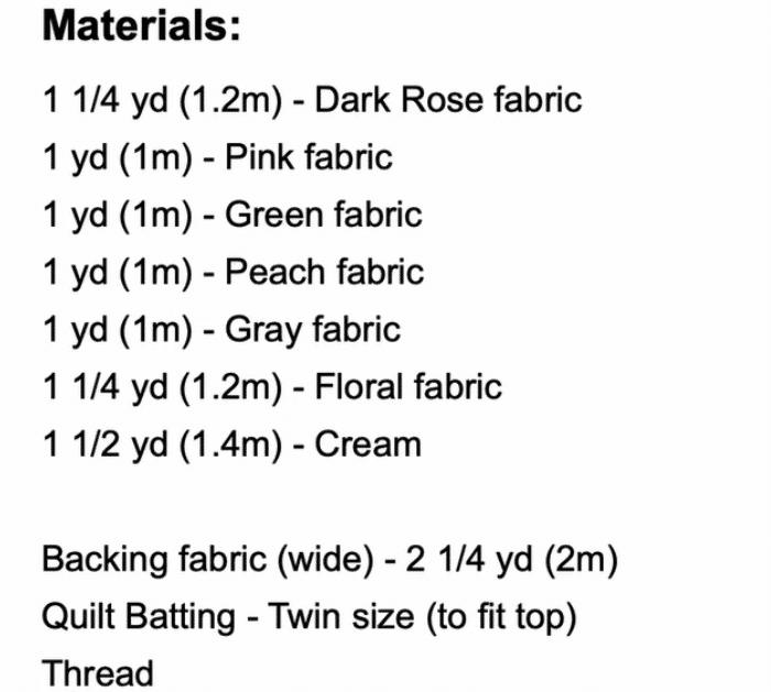 Materials for Spring Roses Quilt Block