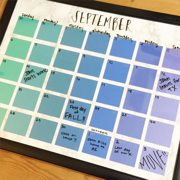 DIY Paint Chip Calendar, a colorful upcycled craft, budget friendly using stuff already sitting in a bin