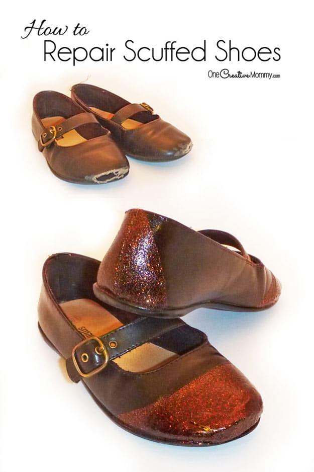 Clothing repair hack, brown leather mary janes with scuffed toes above the same pair with glittered toe caps