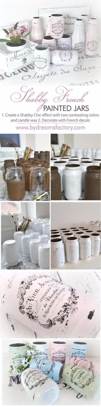 Shabby Chic Decor and Bedding Ideas - Shabby French Painted Jars - Rustic and Romantic Vintage Bedroom, Living Room and Kitchen Country Cottage Furniture and Home Decor Ideas. Step