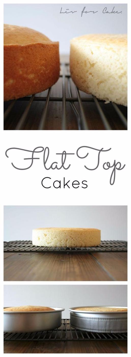 Four photos comparing domed and flat cake layers cooling on wire racks with two round cake pans below
