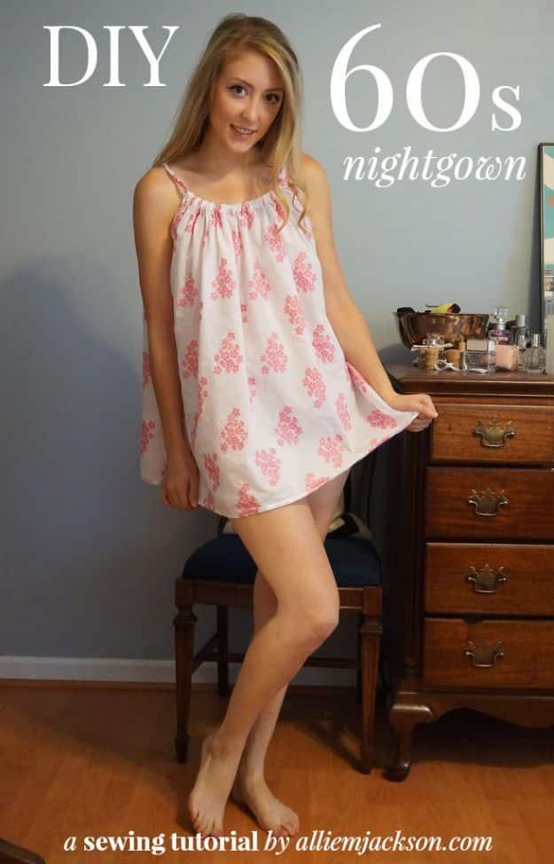Typeset graphic reading DIY 60s nightgown over a woman in a short pink floral gathered nightgown by a dresser