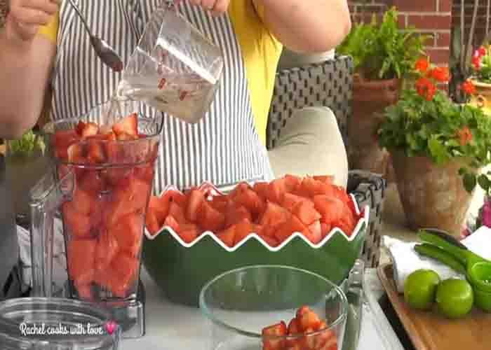 Blending the watermelon and strawberries for the agua fresca drink recipe