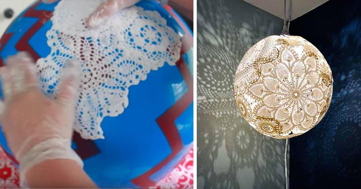 Glue and A Plastic Ball Are The Keys to Making This Creative Doily Pendant Light