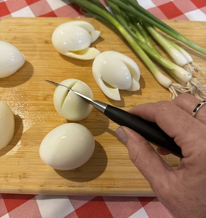 Deviled egg bouquet craft idea — criss cross x cut into egg white