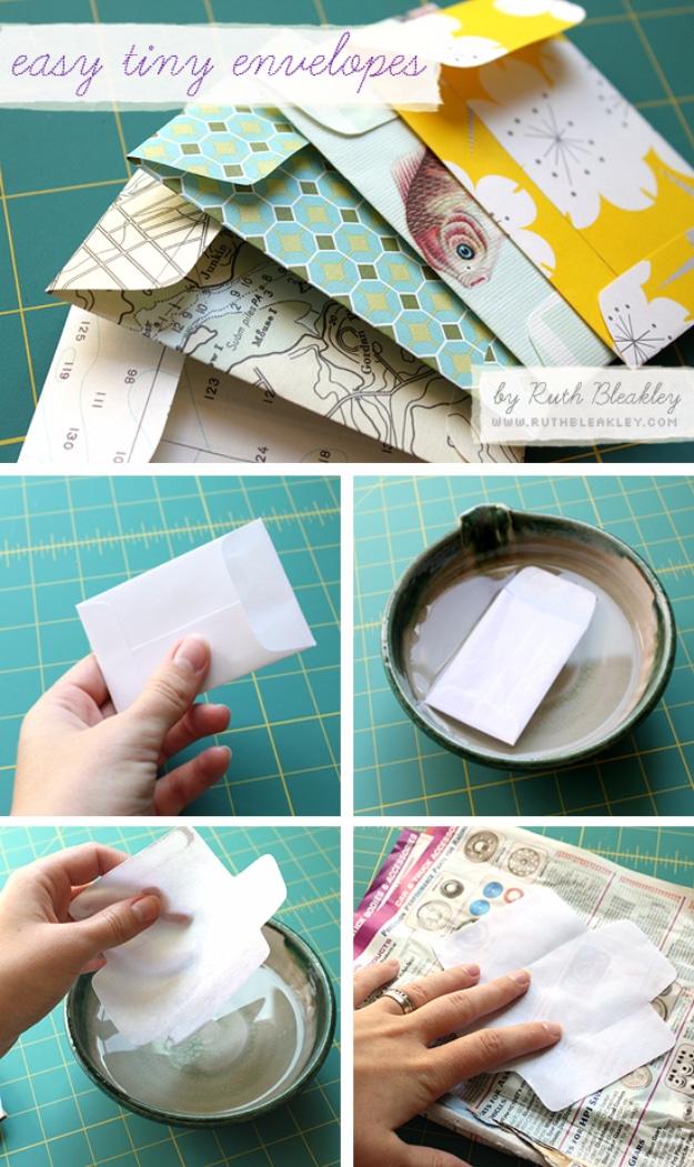Easy tiny envelopes collage with step photos of an envelope soaking in a bowl of water and being traced