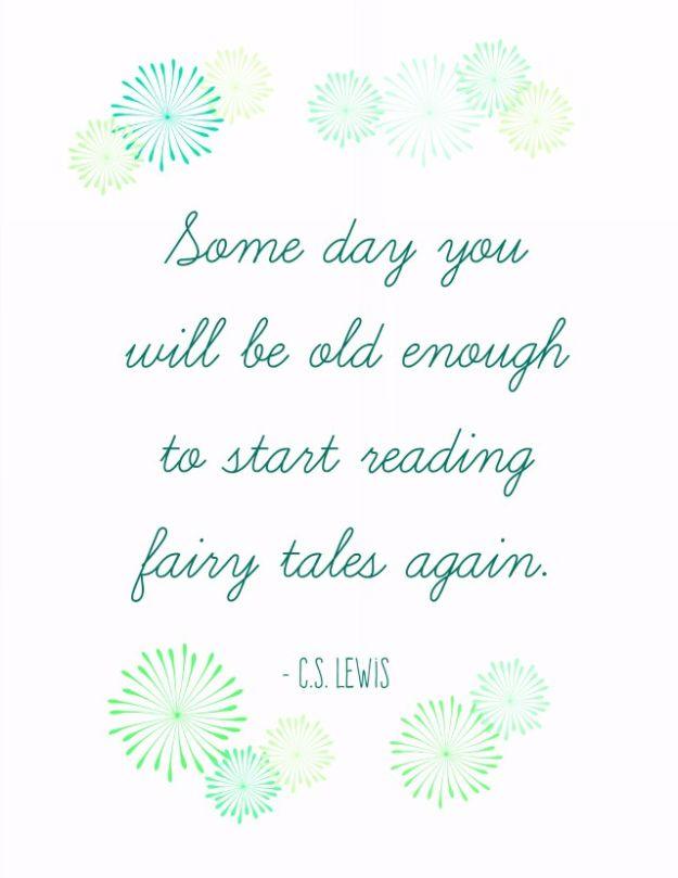 CS Lewis free printable, a four line quote in fine teal script with pale green and yellow firework bursts in two opposite