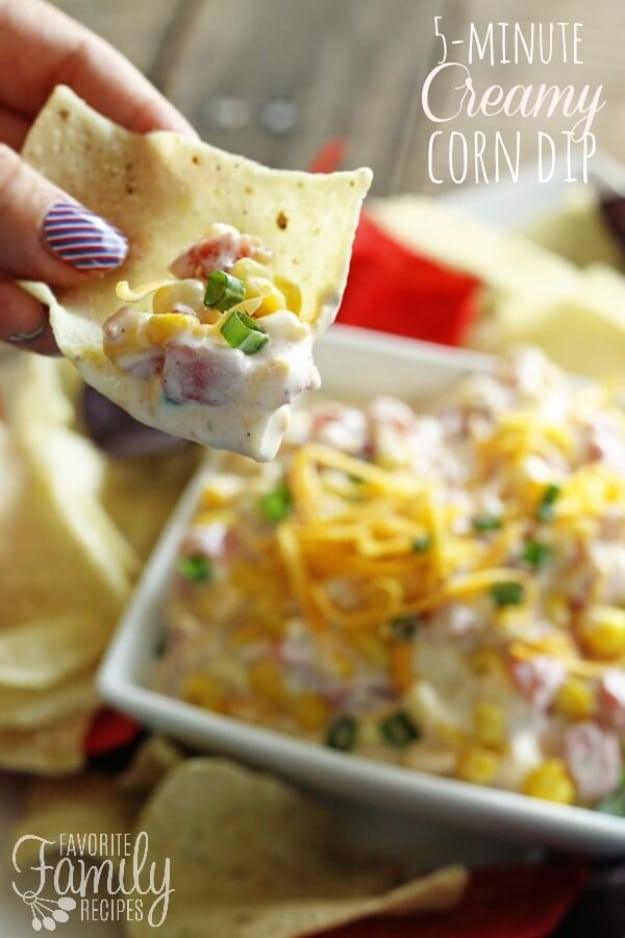 Five minute creamy corn dip, a last minute party recipe with Rotel, cheddar and green onions and tortilla chips