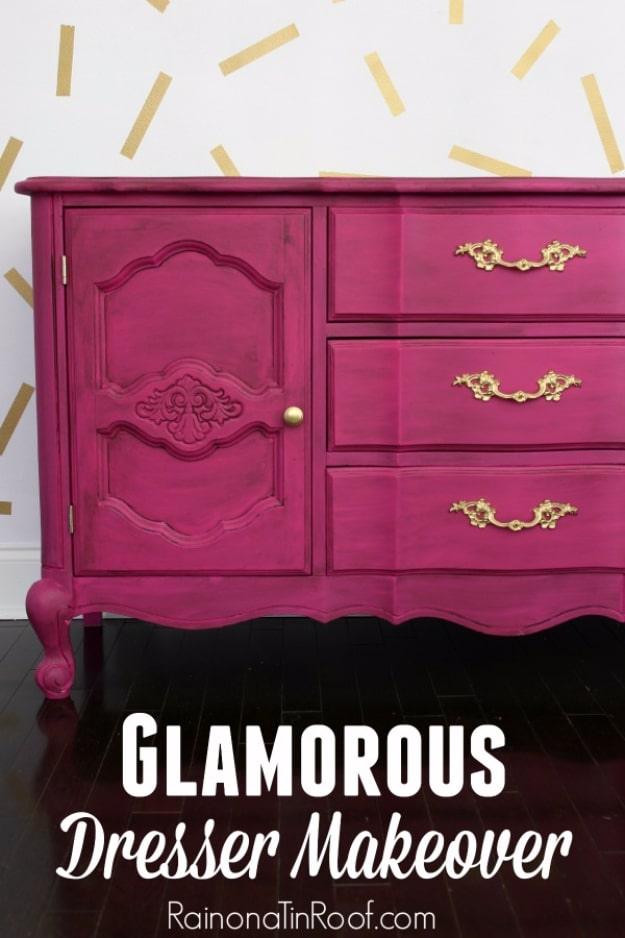Glamorous Dresser Makeover graphic over a magenta pink French style dresser with ornate gold drop pulls