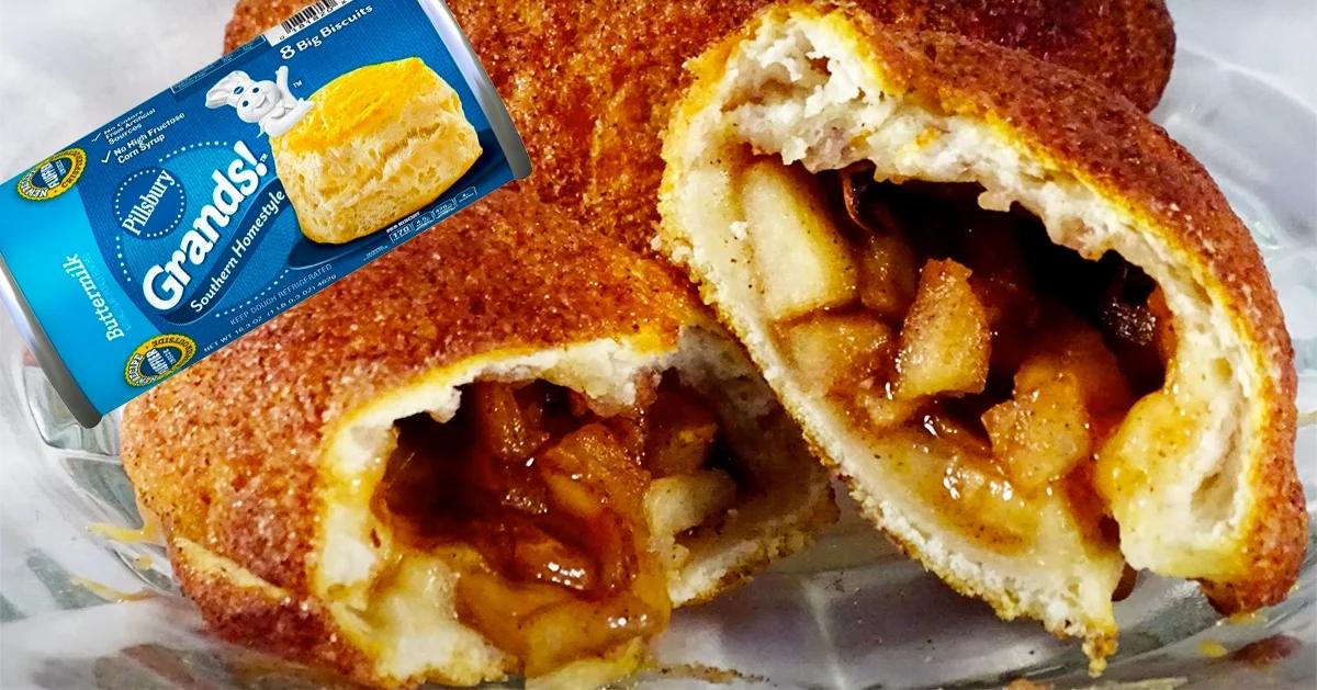 Apple caramel biscuit bombs made from canned biscuits and air fried until golden with a molten center