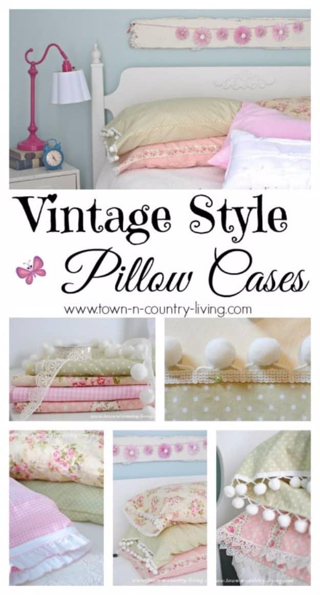 DIY vintage style pillow cases, a home sewing project with floral cases trimmed in lace and pom pom fringe