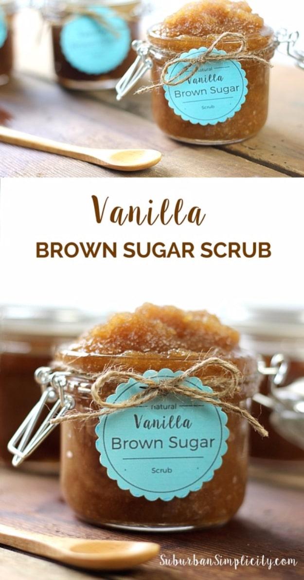 Vanilla brown sugar scrub in a jar with a blue label and twine, brown sugar scrub with a wooden spoon