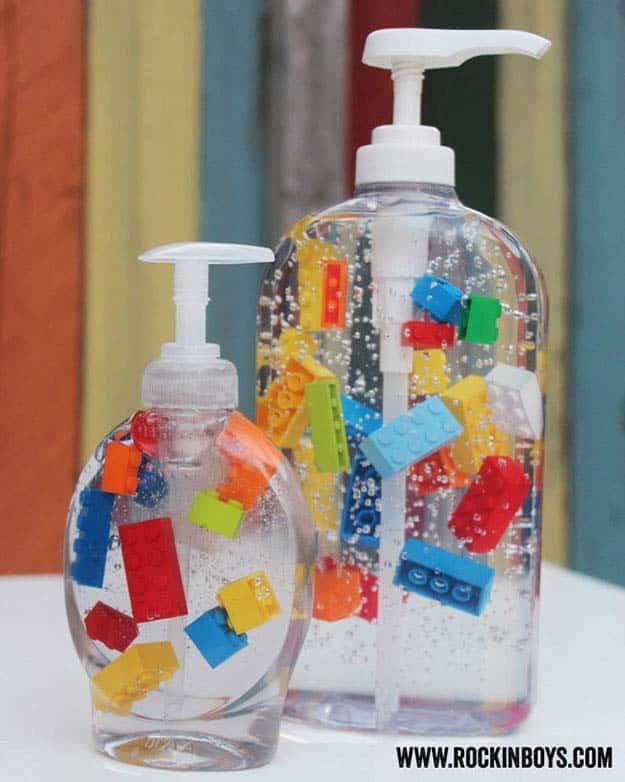 DIY Soap Dispenser with Legos, quick enough to finish before nap time and warmth that a plain corner was missing