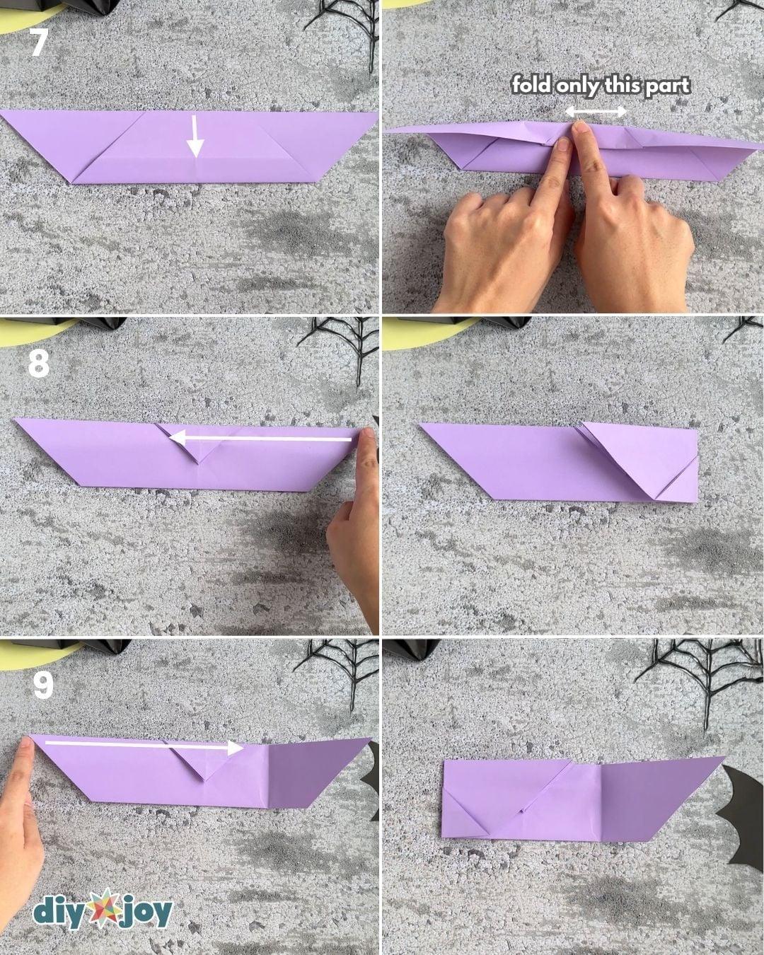 Easy Halloween paper craft step 3, folding the tip toward the bottom edge, a no-glue craft for kids.