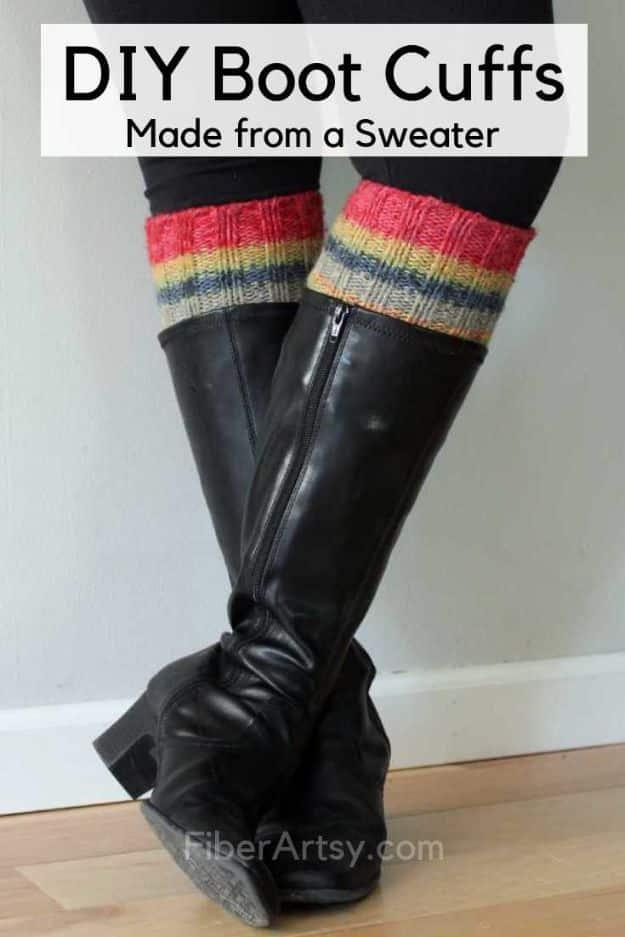 Boot toppers from a sweater, red, blue and oatmeal striped knit cuffs worn over tall black leather riding boots