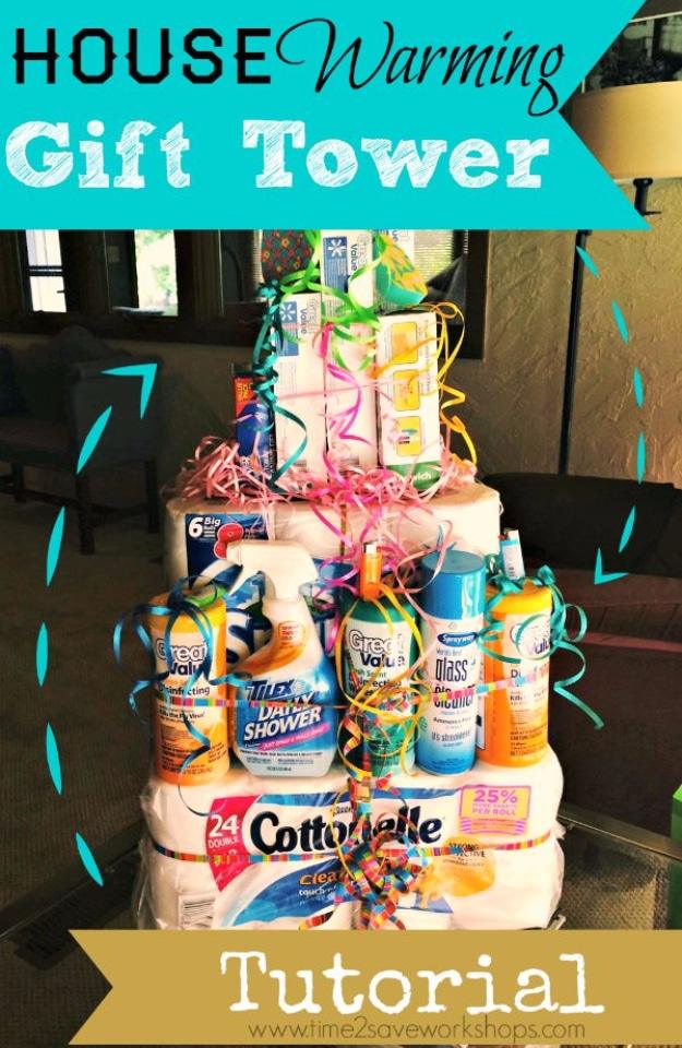 Housewarming gift tower stacked with small treats for a new house present for a budget friendly upgrade