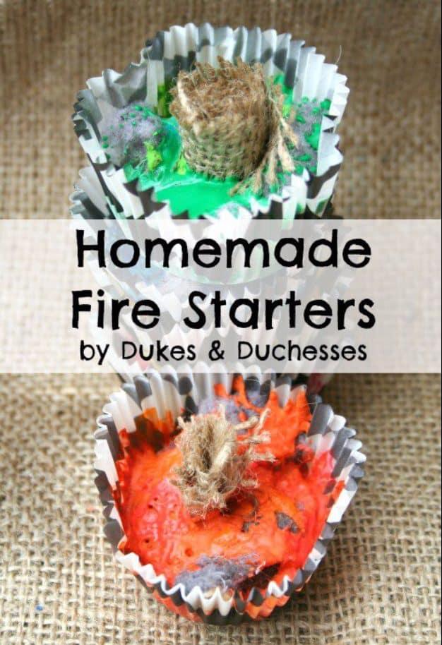 Homemade fire starters for camping, crayon wax poured into paper cupcake liners with jute wicks on burlap
