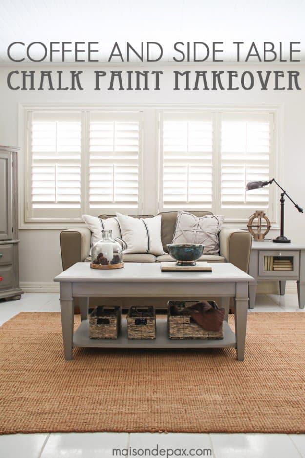 Coffee and side table chalk paint graphic showing a soft grey painted coffee table in a bright sunlit living room