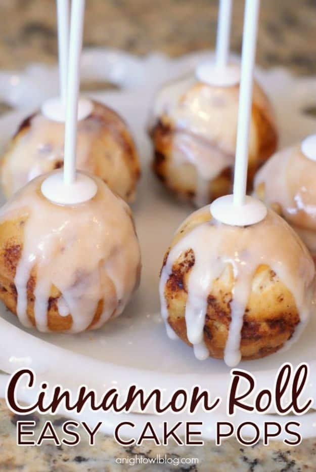 Cinnamon roll cake pops baked in a cake pop pan from refrigerated rolls and drizzled with icing, a quick brunch treat
