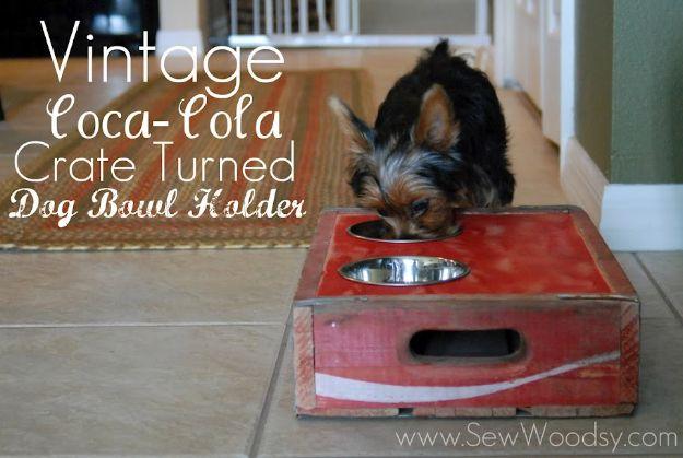 DIY Pet Bowls And Feeding Stations - Vintage Coca Cola Crate Turned Dog Bowl Holder - Easy Ideas for Serving Dog and Cat Food, Ways to Raise and Store Bowls - Organize Your Dog Foo