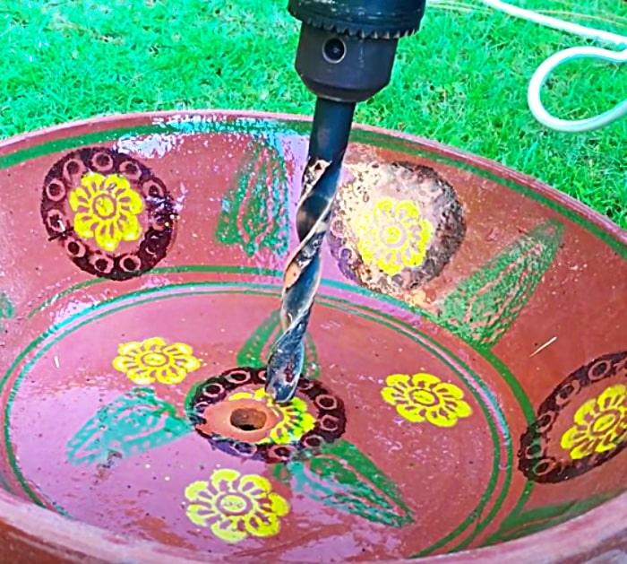 Drill Holes In Terracotta Clay Saucers To Make A Birdbath