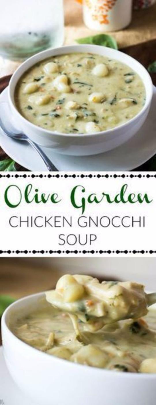 Olive Garden chicken gnocchi soup in a two panel graphic, creamy with gnocchi, spinach and shredded chicken