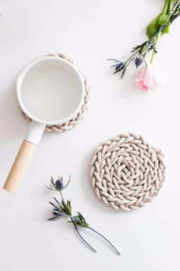 Finger Knit Rope Trivet, a mothers day gift idea, a thoughtful homemade option instead of a store gift
