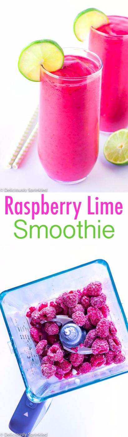 Pin graphic titled Raspberry Lime Smoothie between a photo of two pink glasses and a blender of frozen raspberries