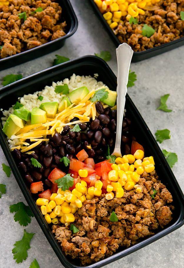 Meal Prep Ideas - Turkey Taco Bowls With Cauliflower Rice Meal Prep - Recipes and Planning Tips for Making a Week of Meals - Easy, Healthy Recipe Ideas to Make Ahead - Weeknight Di