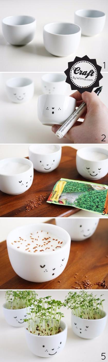 DIY cress cups with a face, a five panel step collage of small white cups with black faces sprouting green cress