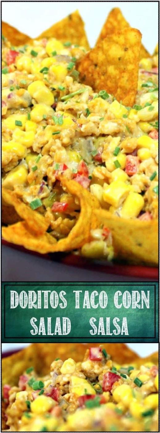 Doritos taco corn salad with sweet corn, cheddar, red pepper and red onion garnished with whole chips