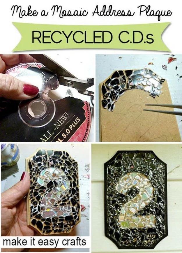 Pin collage of a CD mosaic house number plaque showing cutting, placing pieces and the finished black plaque